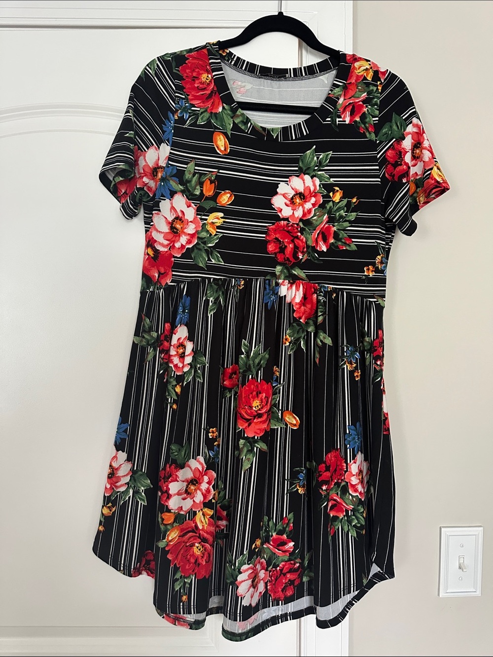 JODIFL Black Striped Midi Dress with Red Floral Print